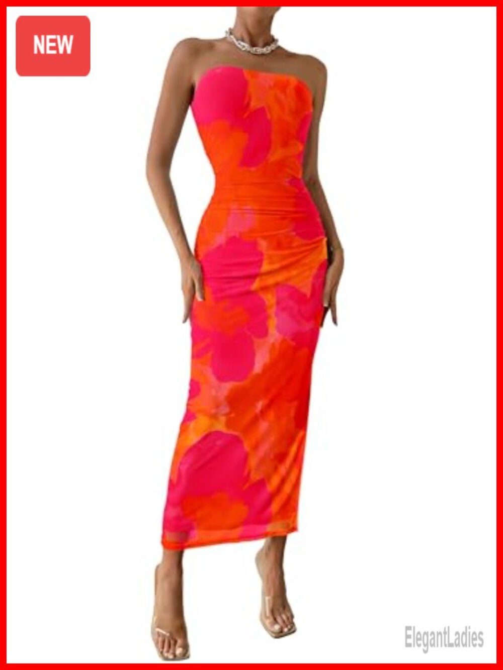 Women's Strapless Bodycon Floral Maxi Dress Ruched Summer Party Club